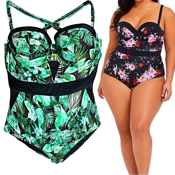 TORRID One Piece Push Up Padded Cut-Out Mesh Green Palm Print Swimsuit N… - Picture 1 of 4